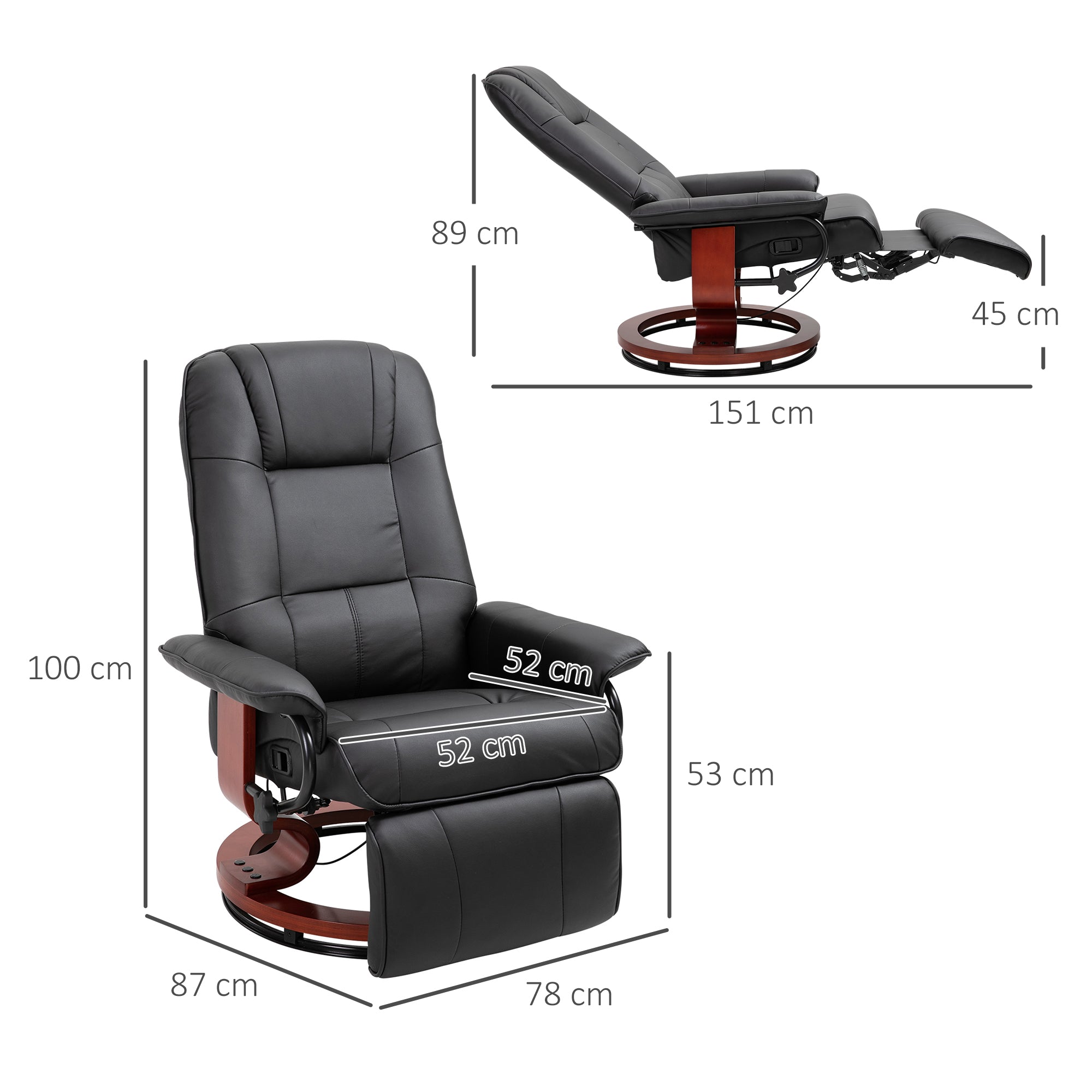 HOMCOM 360° Swivel Recliner Chair with Footstool, Manual Recliner Armchair with Wooden Base, Faux Leather Upholstered Reclining Chair for Living Room, Bedroom, Office, Black